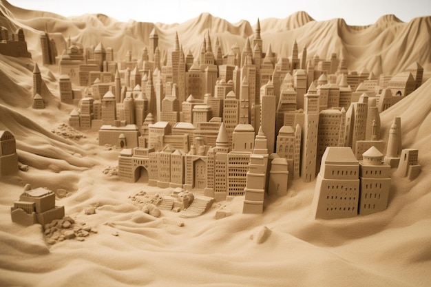 A sand sculpture of a city made by sand.