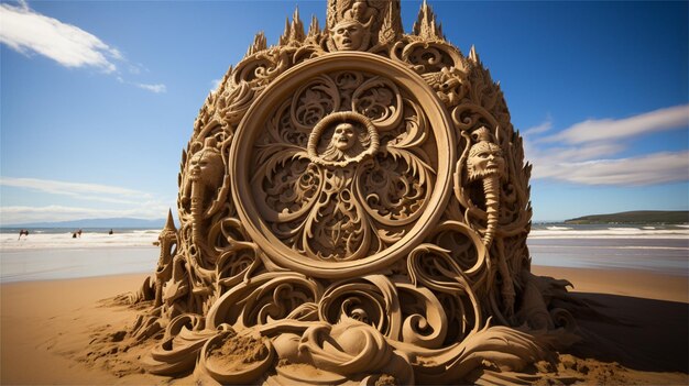 Photo a sand sculpture of a clock on the beach