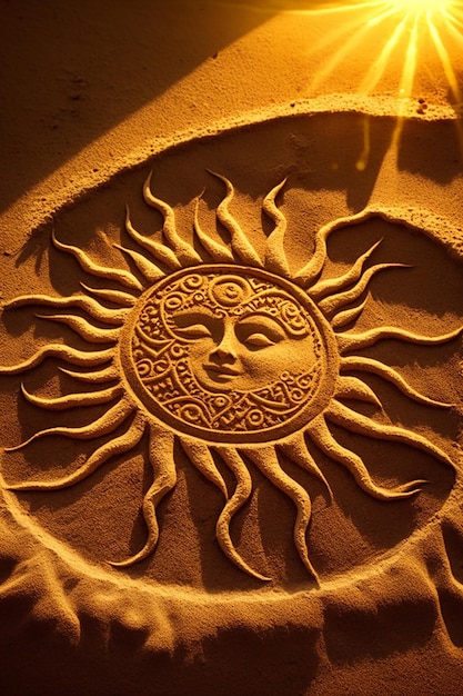 A sand sculpture of a sun with a face on it