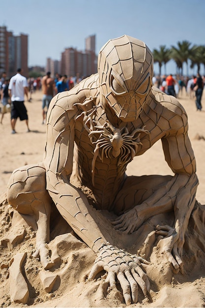 sand sculpture that looks like a Spiderman