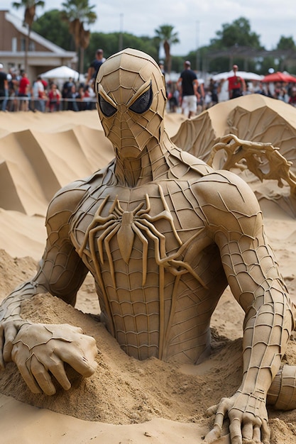 sand sculpture that looks like a Spiderman