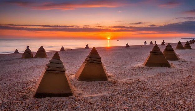 Photo sand sculptures are lined up on the beach at sunset