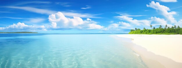 Sand spit of tropical island receding into distance fine sunny summer day sky with light clouds merges with clear water beauty of environment ultrawide format