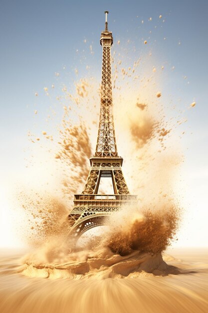 Sand splash of sand in eiffel tower paris form 3d render