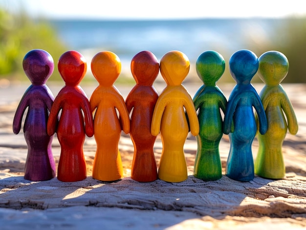 На песке есть идентичные фигуры деревянных разноцветных женщин без лица концепция мира
