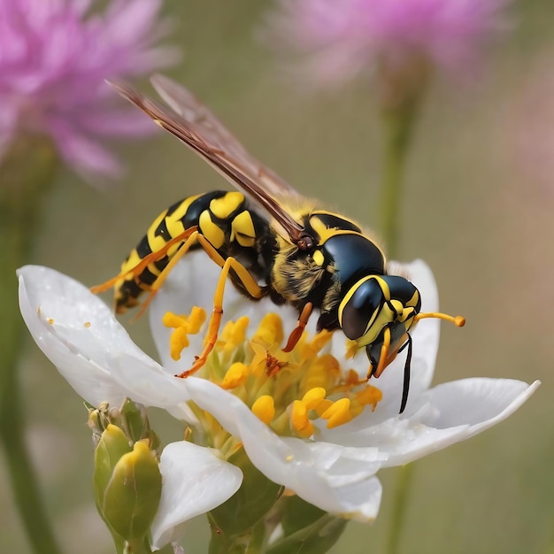 Photo sand wasp take a pollen in the flowers