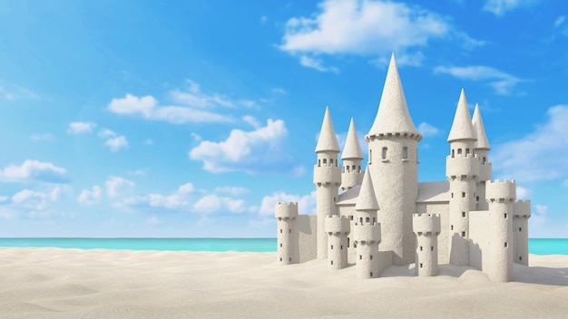 明るい空の砂の城のビーチ