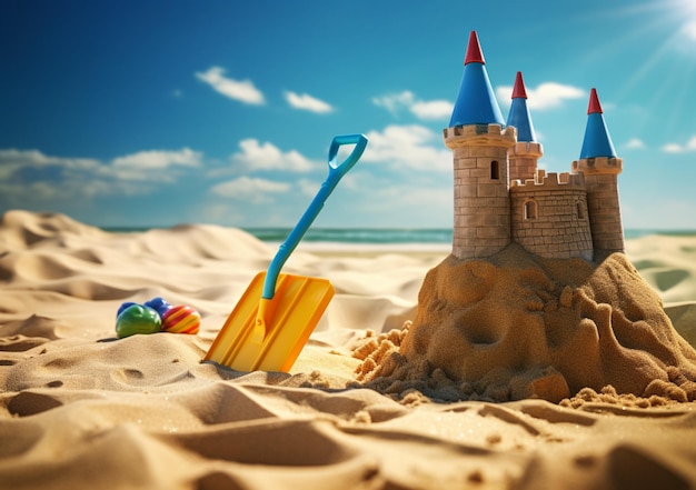 Photo sandcastle on the beach next to a bucket and a toy shovel in the sunlight digital art