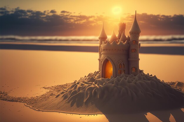 Sandcastle on the beach sunset