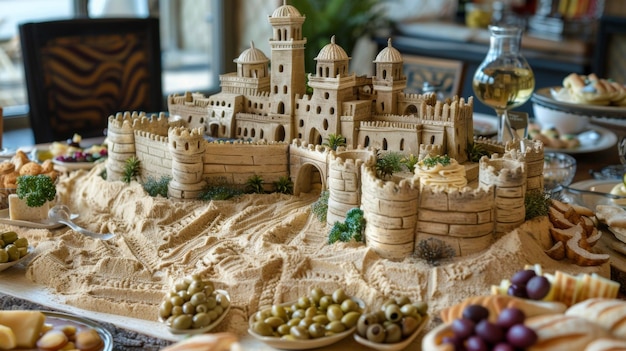 Foto concorso di costruzione di castelli di sabbia accompagnato da una serie di bocconi di ispirazione mediterranea come l'hummus pita