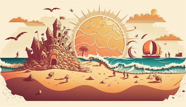 Sandcastle and sunset a playful illustration Generative AI