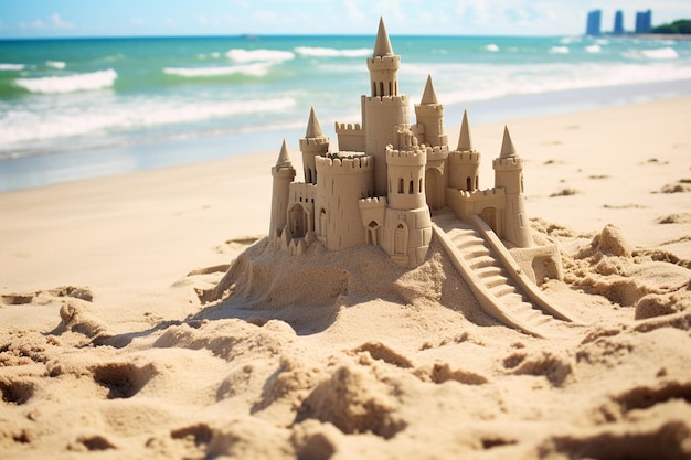 Sandcastle with a moat on a sunny day