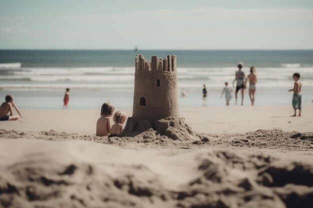 Photo sandcastle with sea and people in the background created using generative al tools