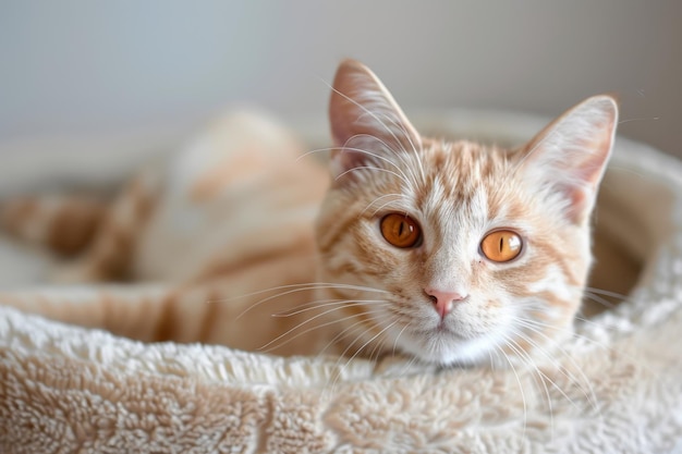 A sandcolored cat lies on a soft beige fluffy bed in a cozy bright room