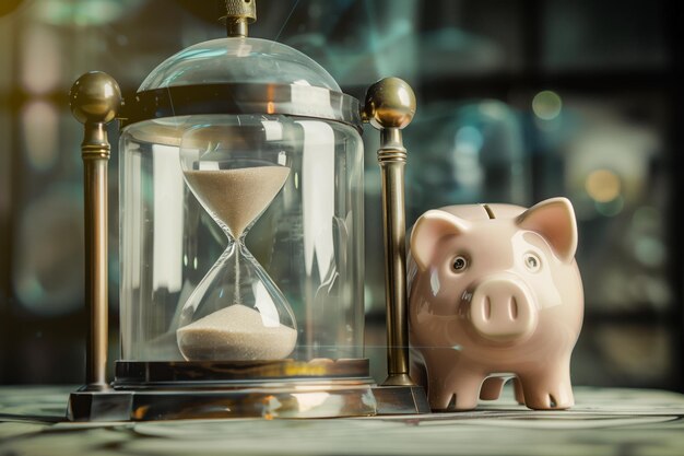 Sandglass encased beside piggy bank in a glass dome