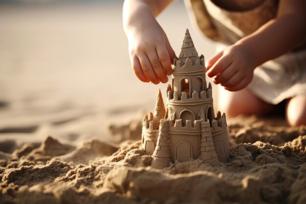 Foto sandglass tenuto da un bambino che costruisce un castello di sabbia