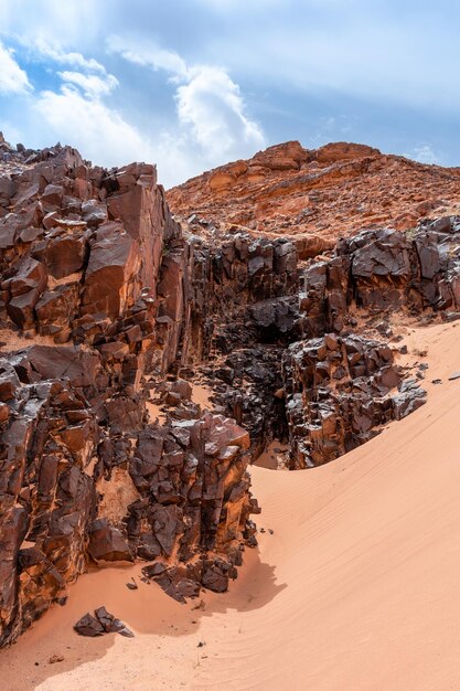 ヨルダンの美しい昼間の風景のワディラム砂漠の砂と山