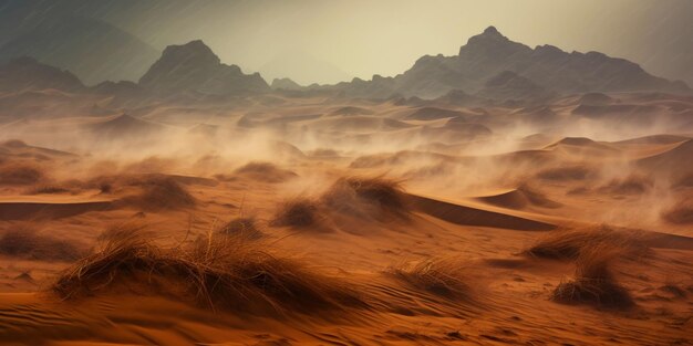 Sandstorm in desert wind and orange sand clouds Dunes landscape Generative AI