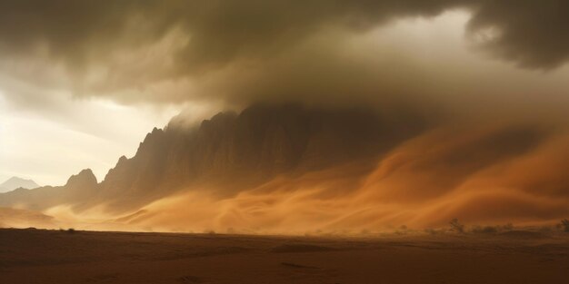 Foto tempesta di sabbia nel vento del deserto e nuvole di sabbia arancione paesaggio delle dune ia generativa