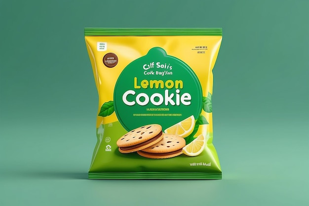 サンドイッチクッキーのパッケージデザイン 緑の背景に隔離されたレモンの味のフォイルバッグの食品パッケッジ