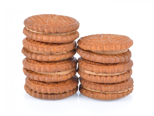 Sandwich cookie with green tea cream on white background