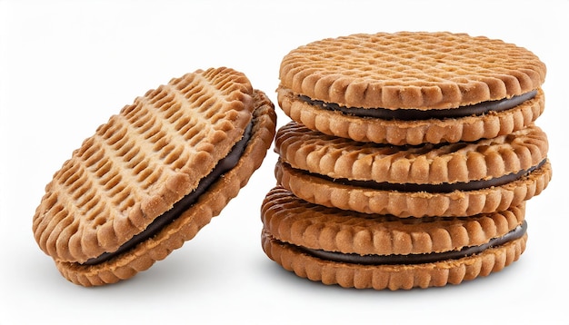 Photo sandwich cookies chocolate cream filled biscuits isolated on white background full depth of field