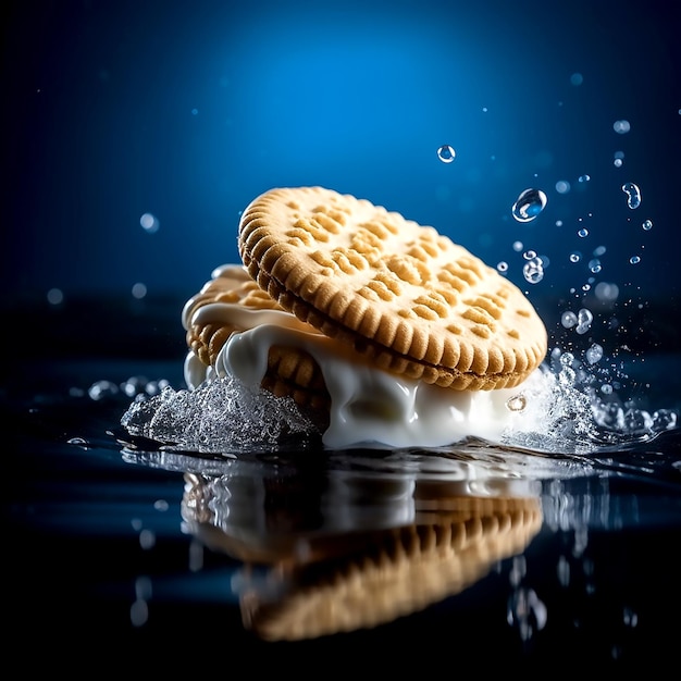 Foto biscotti sandwich e crema fresca alla vaniglia scorrono sullo sfondo lucido