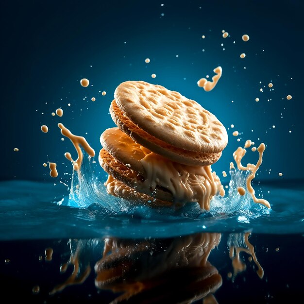 Sandwich cookies with Delicious vanilla cream flow on the water background