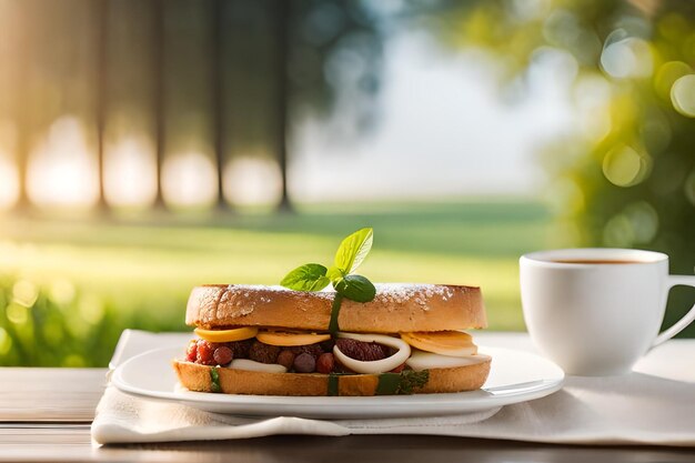 Foto un panino e una tazza di caffè su un tavolo.