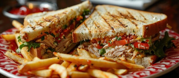 Sandwich and French Fries on Red and White Plate