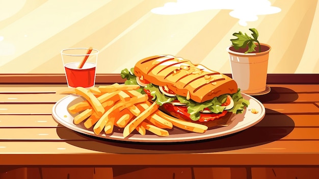 Sandwich and fries with sauce on the table illustration AI Generated