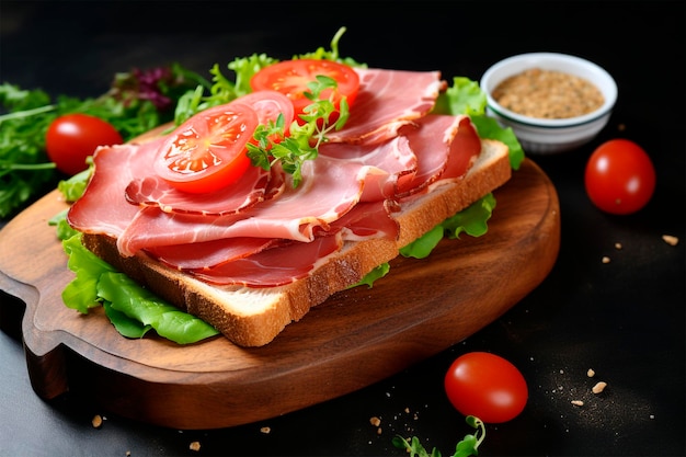 写真 サンドイッチ ハム 肉 ポーク ソーセージ 新鮮な健康的な食事 食品 スナック ダイエット テーブルの上