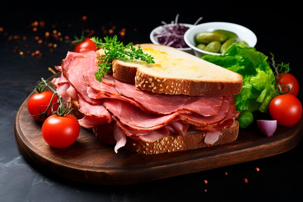 샌드위치 햄 고기 돼지고기 소시지 신선하고 건강한 식사 음식 간식 식탁 위의 다이어트