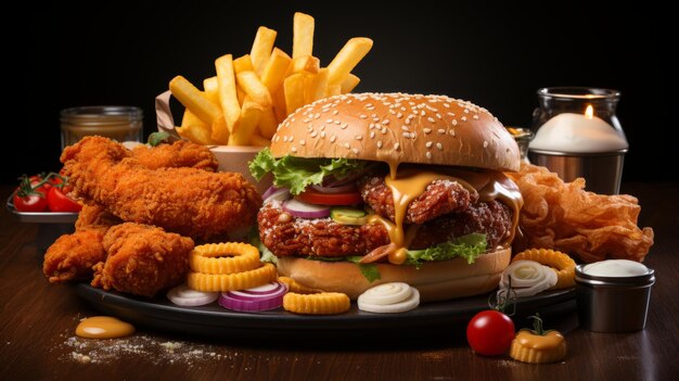 Sandwich hamburger onion rings shawarma turkey roast prawns chicken nuggets chicken wings hot dog Closeup fastfood collection Fast food ad