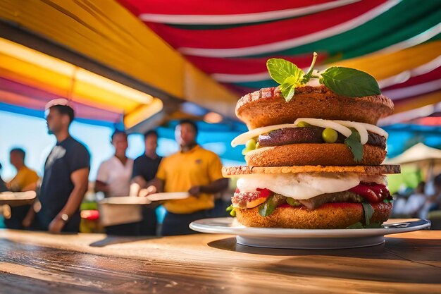 Foto un panino è su un piatto con sopra una foglia verde.