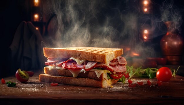 Photo a sandwich is on a table with a fire behind it