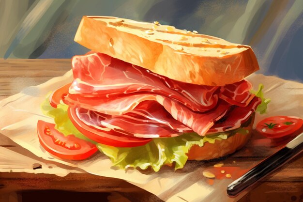 A sandwich made of spanish serrano ham on a table