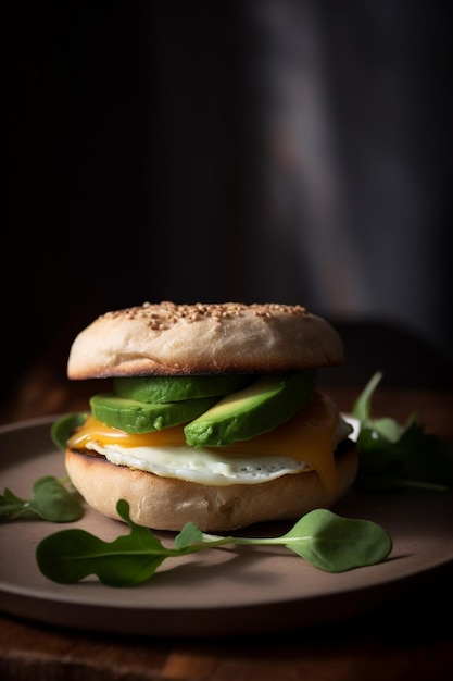 Sandwich met avocado, spinazie en gebakken ei op een vers briochebroodje