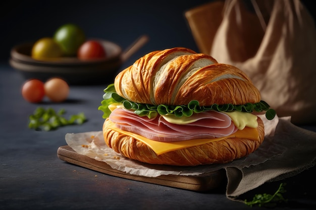 Sandwich met ham en kaas op croissantbroodje Smakelijke croissantsandwich AI gegenereerd