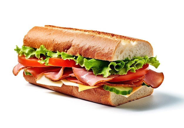 Sandwich met ham, kaas, tomaten en sla op witte achtergrond