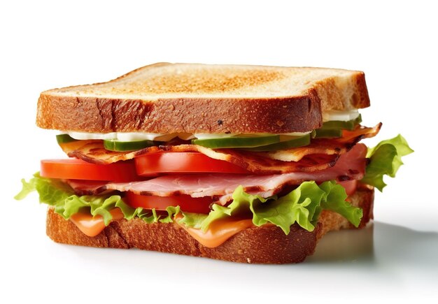 Sandwich met ham, kaas, tomaten en sla op witte achtergrond