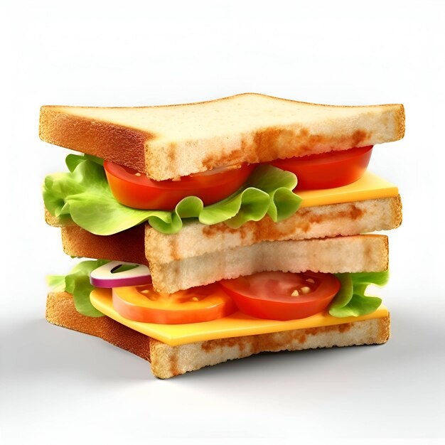 Sandwich met kaas, tomaten, sla en ui op een witte achtergrond