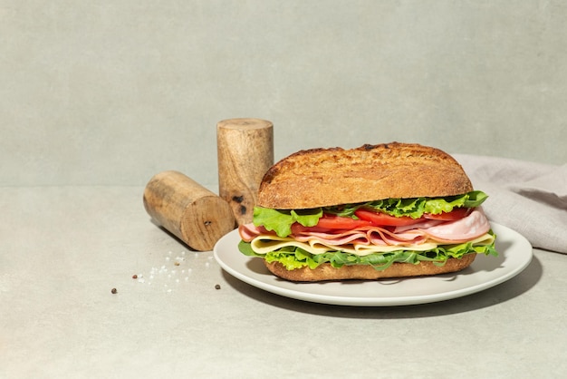 Sandwich met mortadellakaas en tomaten op een grijze tafel