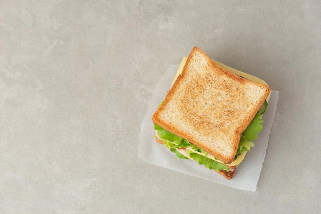 Sandwich met mortadellakaas en tomaten op een grijze tafel