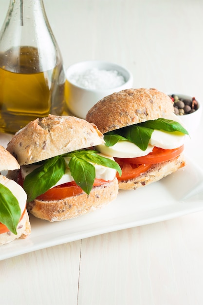 Sandwich met tomaten en mozzarella.