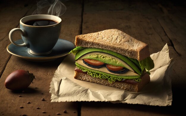 Sandwich near coffee and avocado