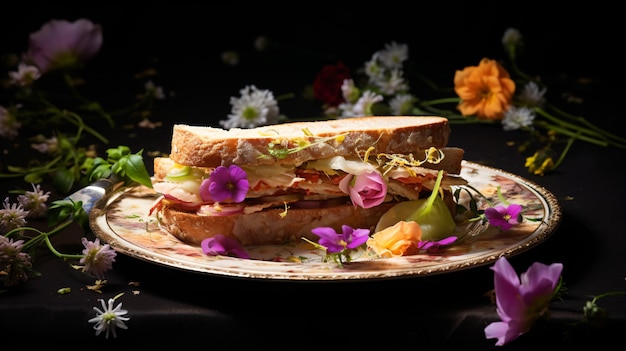 a sandwich on a plate with flowers on the side