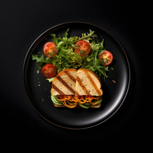 Сэндвич в ресторанном стиле на черной тарелке, фото в ресторанном стиле, вид сверху