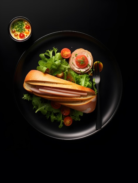 黒いプレートのレストラン スタイルのサンドイッチ レストラン スタイルの写真上面図