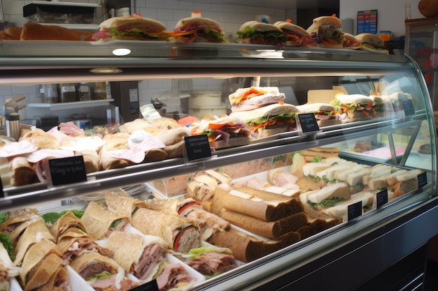Магазин сэндвичей с разнообразными бутербродами и салатами